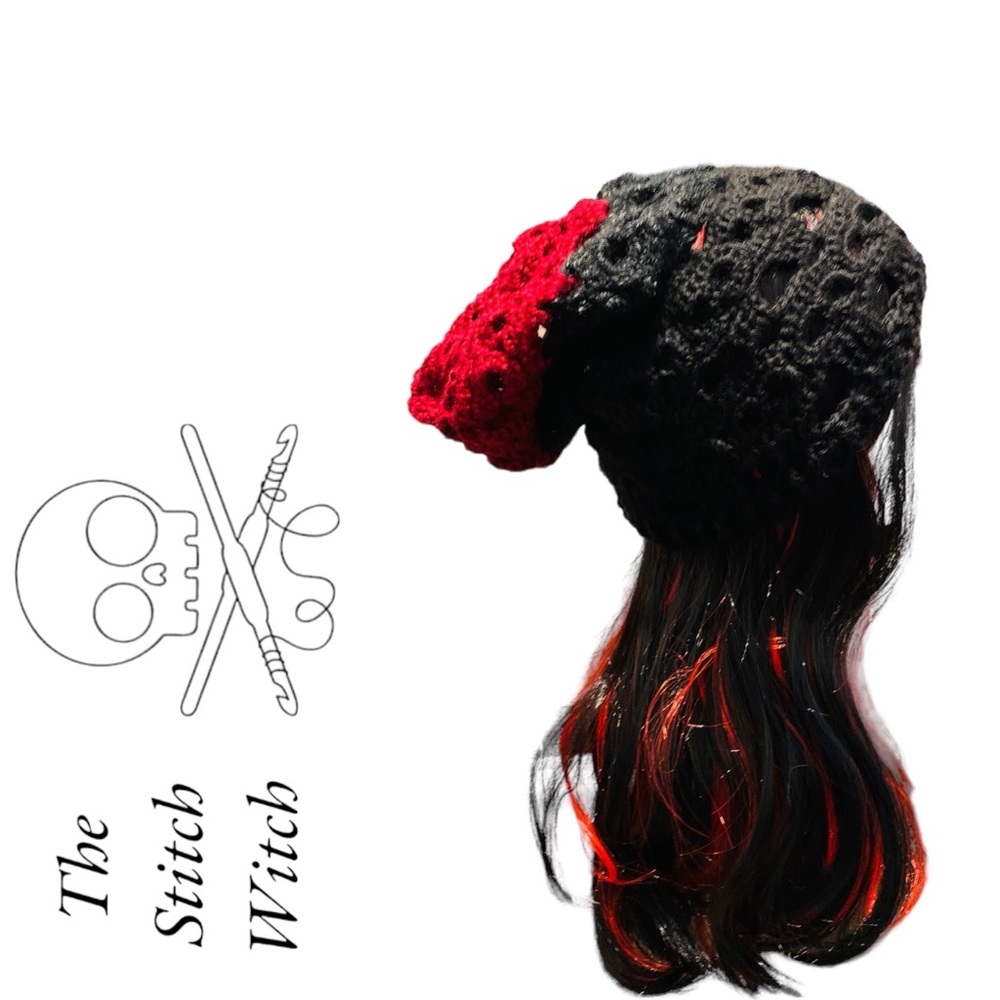 HAND CROCHETED Skull Motif Slouch Beanie Red and Black